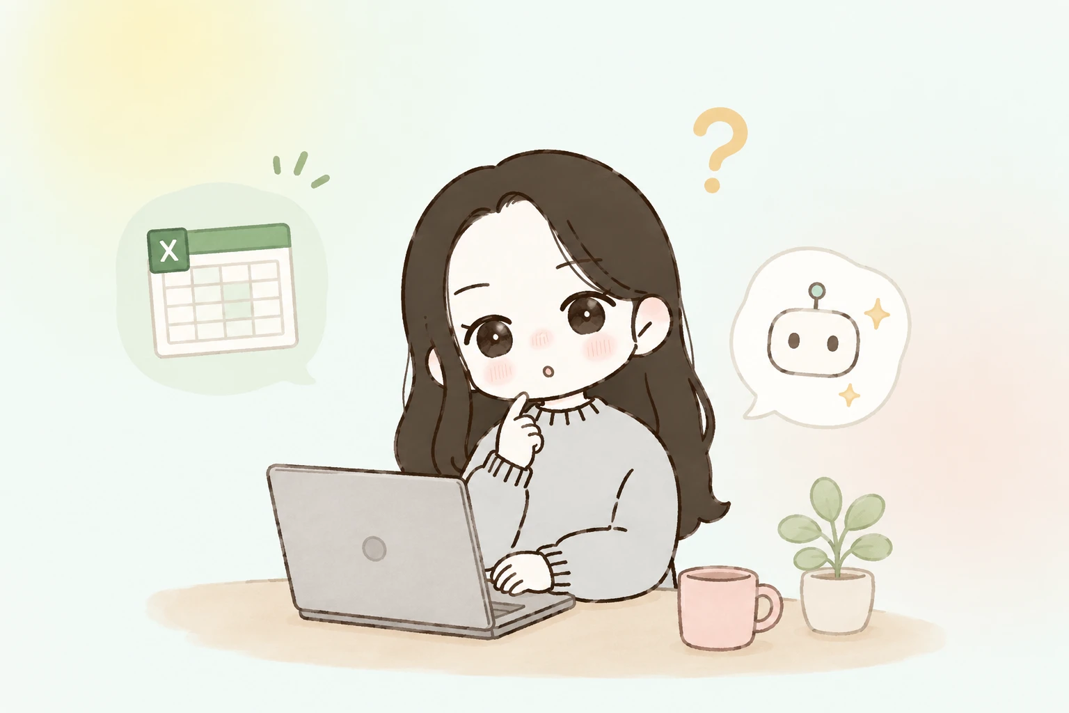 ExcelやAIをなんとなく触っていて、あっているか不安な様子のイラスト