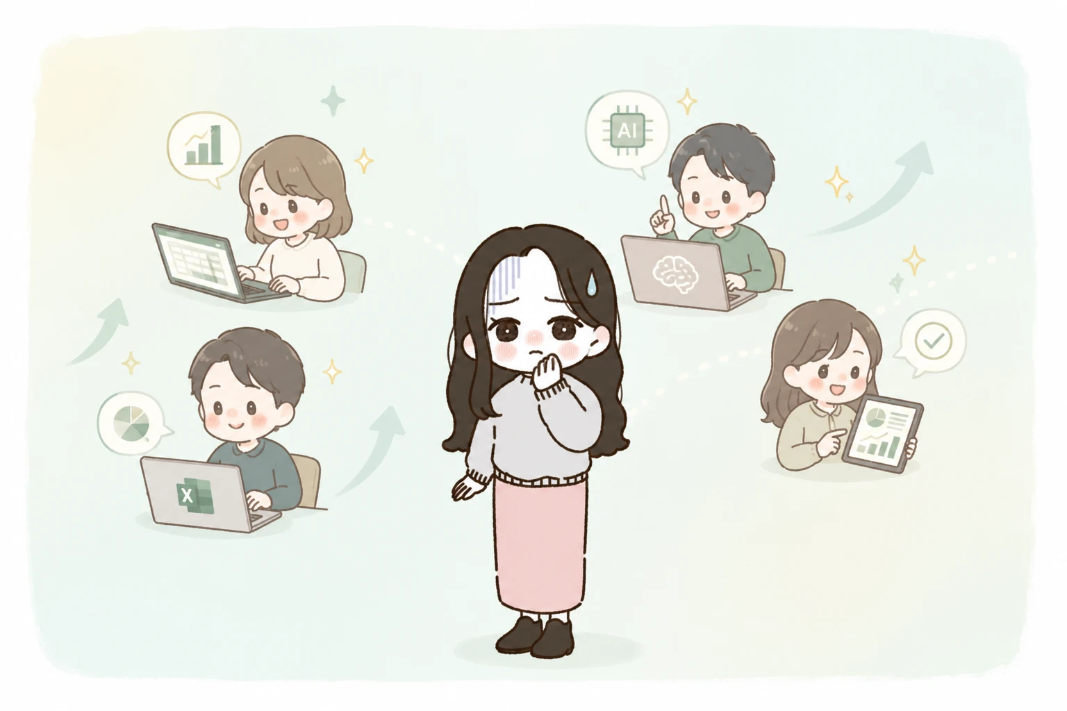 ExcelやAIを使いこなす周囲に囲まれ、置いていかれる不安を感じている様子のイラスト