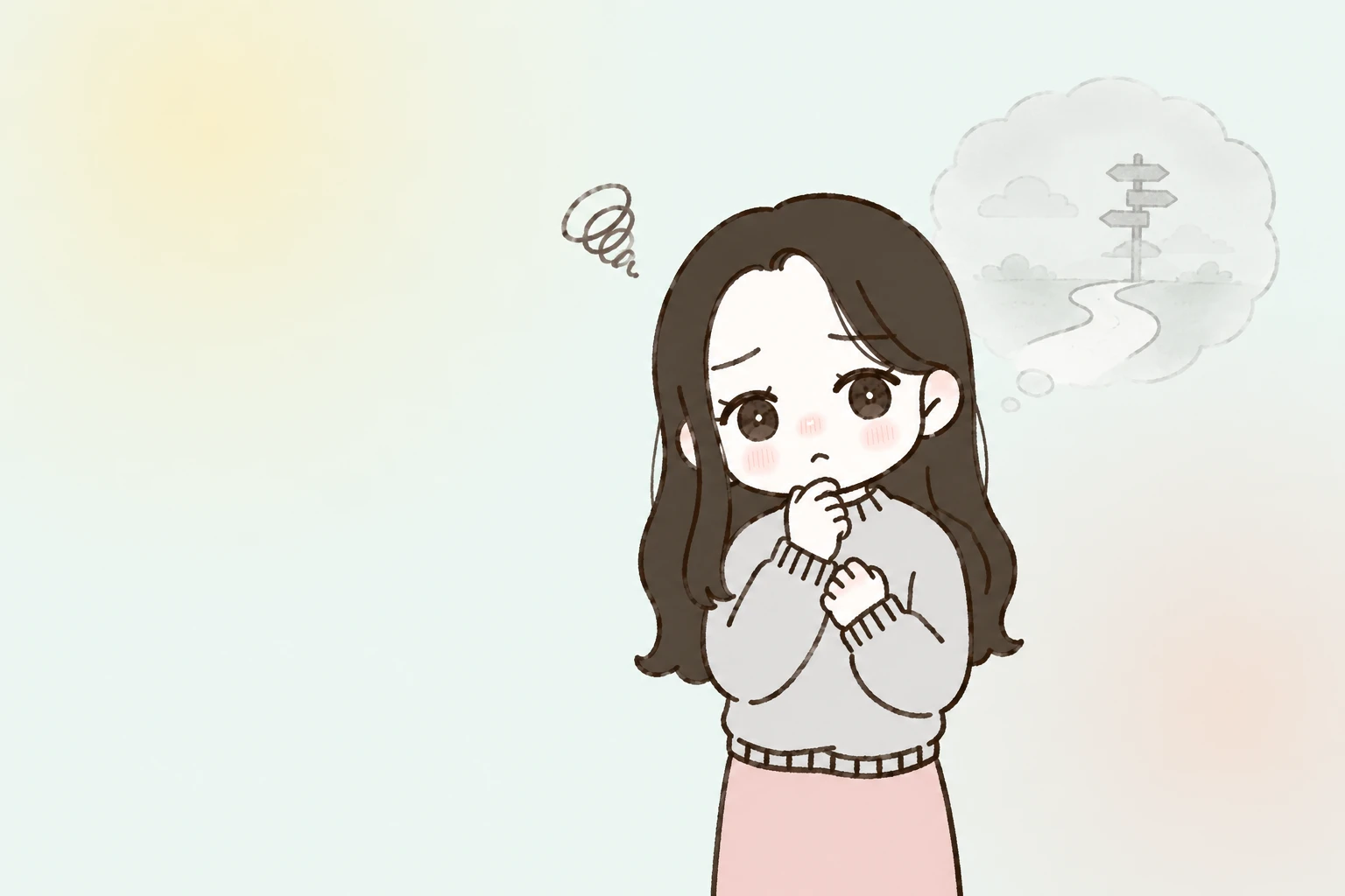 将来の進む道に迷い、漠然としたキャリア不安を抱えている様子のイラスト