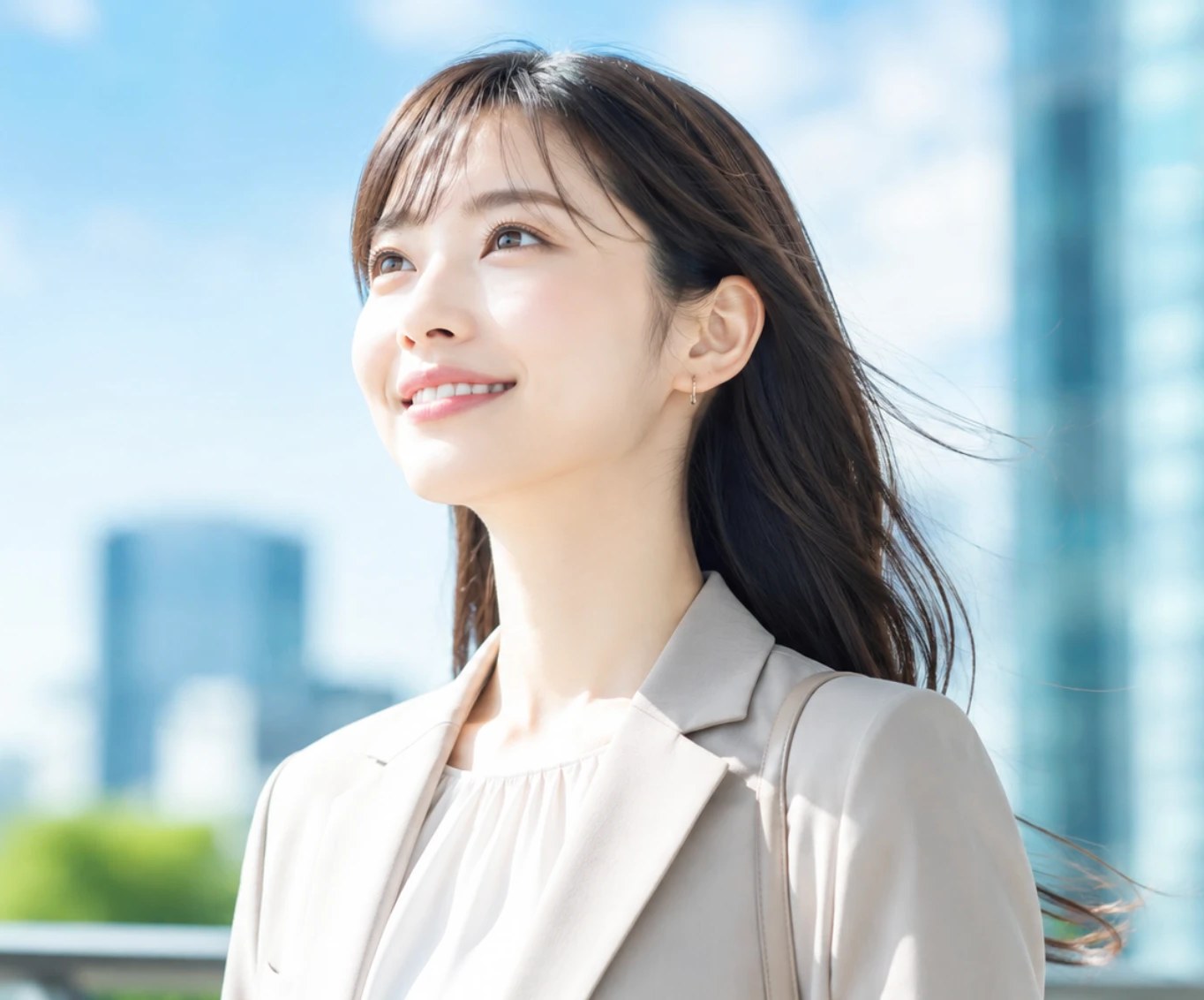 空を見上げて微笑む働く女性